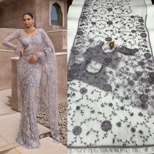HOS NET SPECIAL Mono Net Sequins Saree with Embroidered Blouse