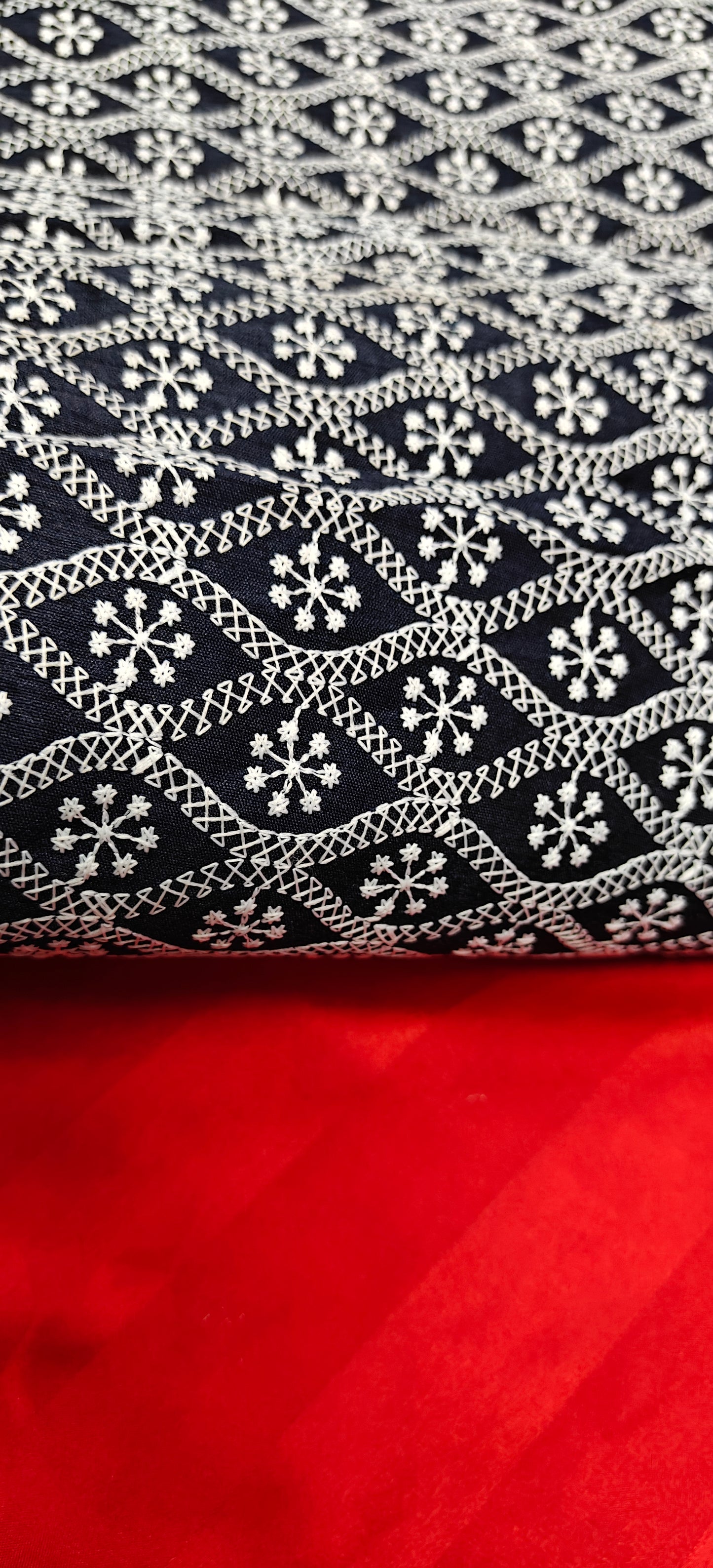 Black Embroidered Fabric – White Thread Circle Motif (10 Meter Set)