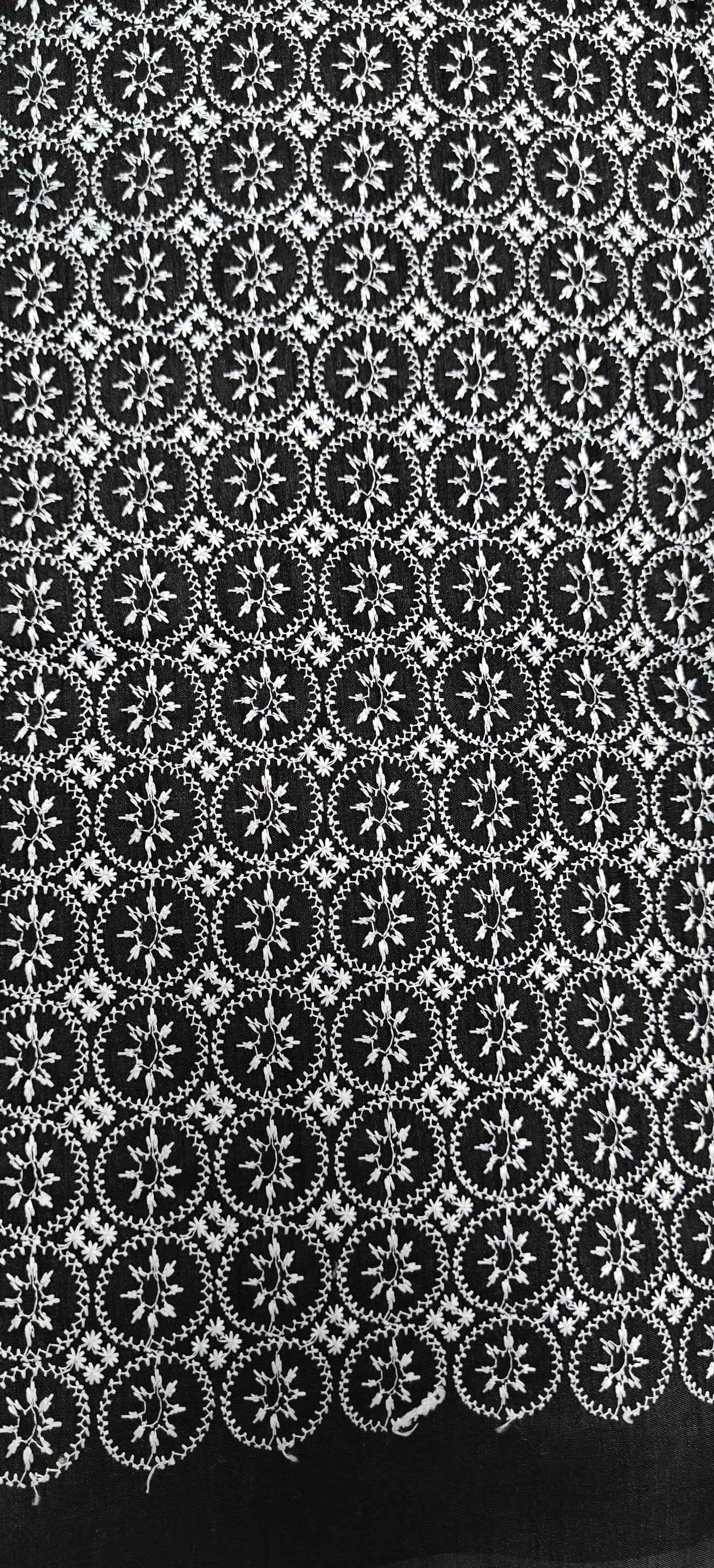 Black Embroidered Fabric – White Thread Circle Motif (10 Meter Set)