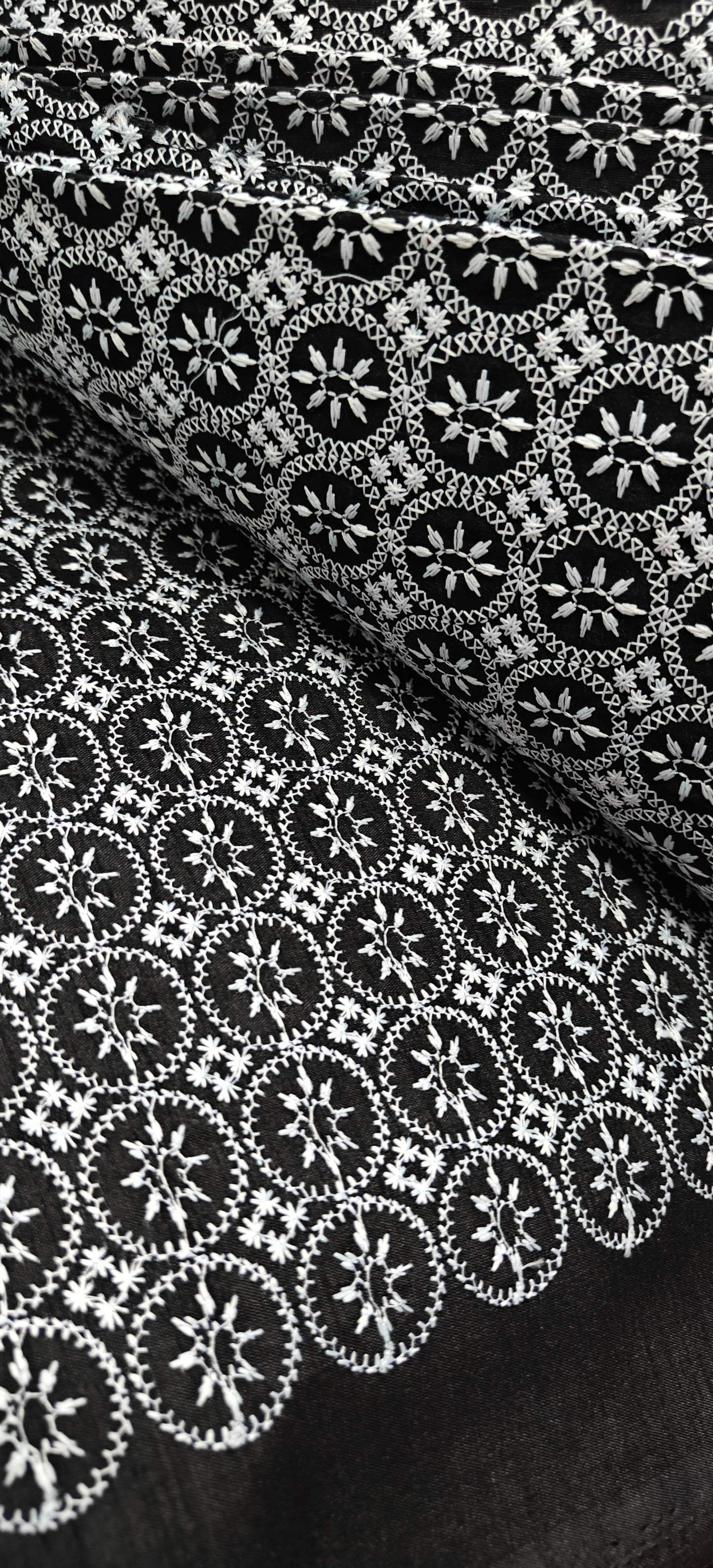 Black Embroidered Fabric – White Thread Circle Motif (10 Meter Set)