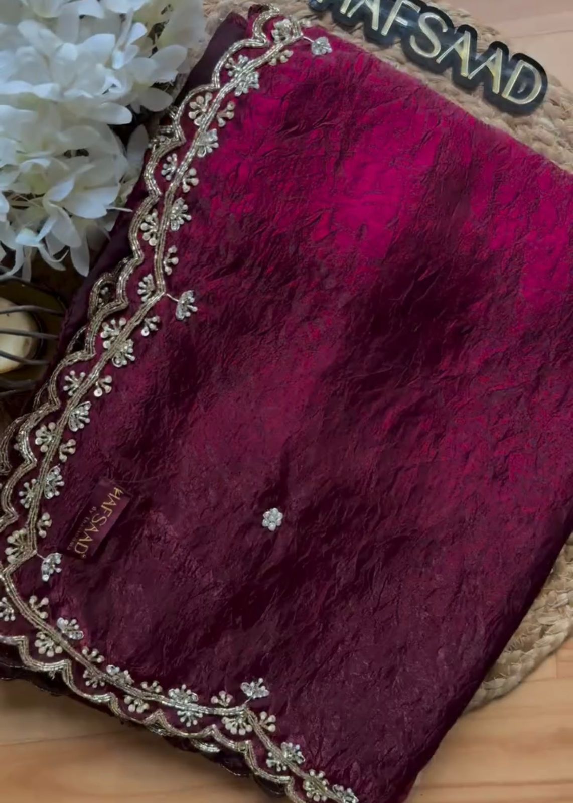 KK-FATIMA Fancy Satin Silk Saree – Handcrafted Khatli Katdana Work with Cutwork Border & Matching Blouse | House of ShiVisha™ | Designer Luxe Edition