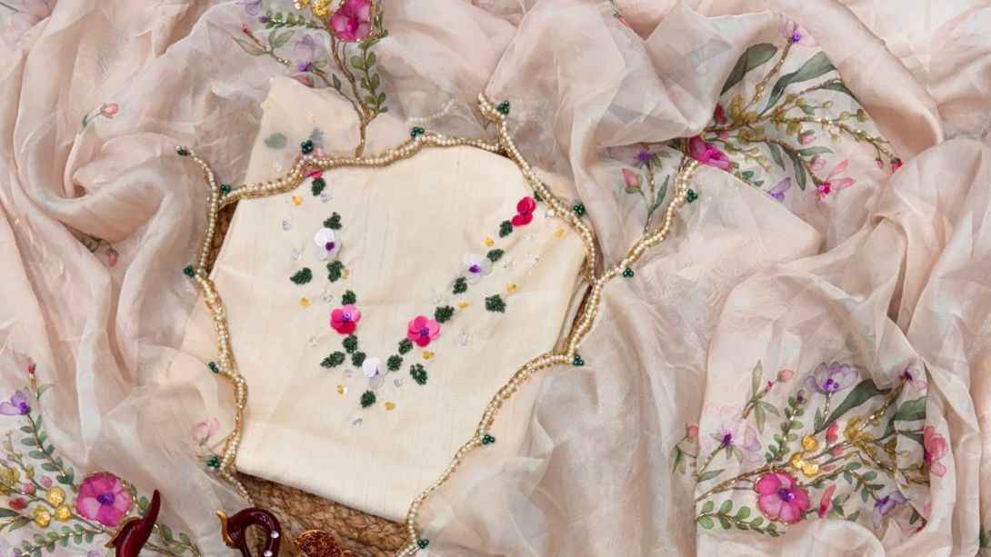 KK–LAILA Tabby Silk Saree – Digital Floral Print with Sequin & Katdana Handwork and Cutwork Border | House of ShiVisha™