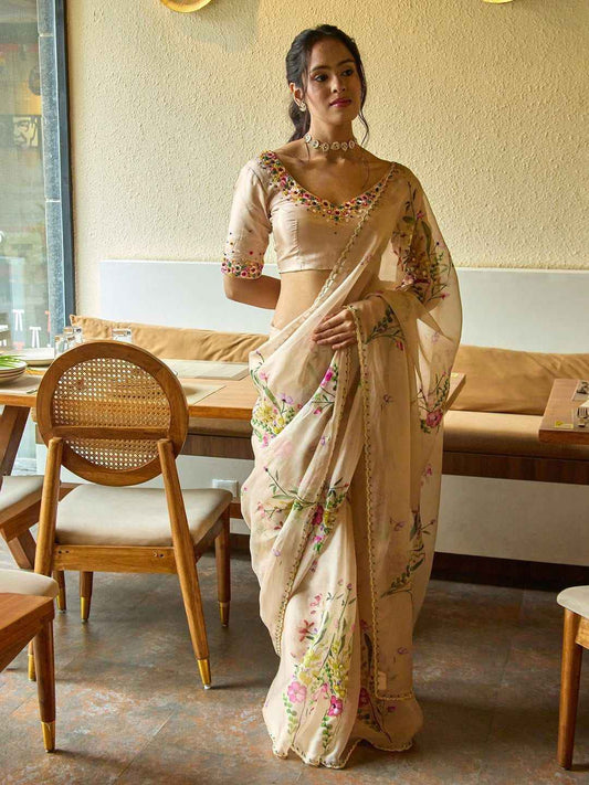 KK–LAILA Tabby Silk Saree – Digital Floral Print with Sequin & Katdana Handwork and Cutwork Border | House of ShiVisha™