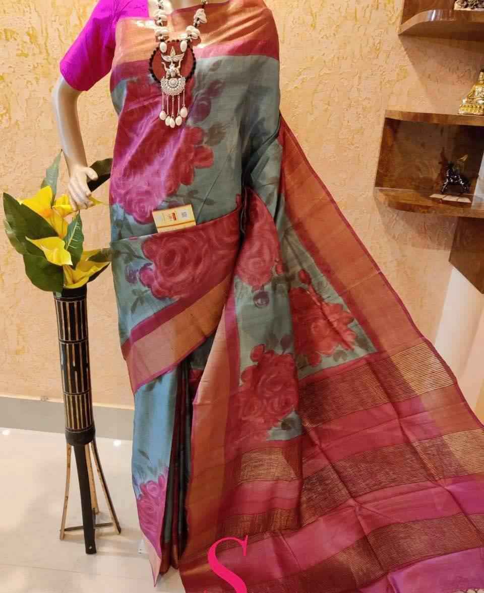 MG108 Original Linen Saree – Digital Print with Gold Zari Patta & Banglory Satin Blouse | House of ShiVisha™