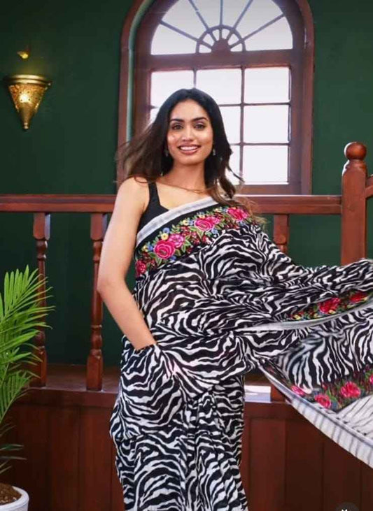 Mangalya Plain Linen Saree – Digital Print Design with Matching Blouse | House of ShiVisha™