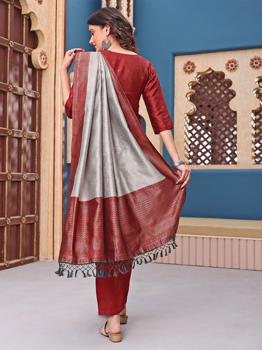 Mannat Jacquard Silk Kurta Pant Dupatta Set – Woven Design with Matching Silk Dupatta | House of ShiVisha™ | Color: Maroon