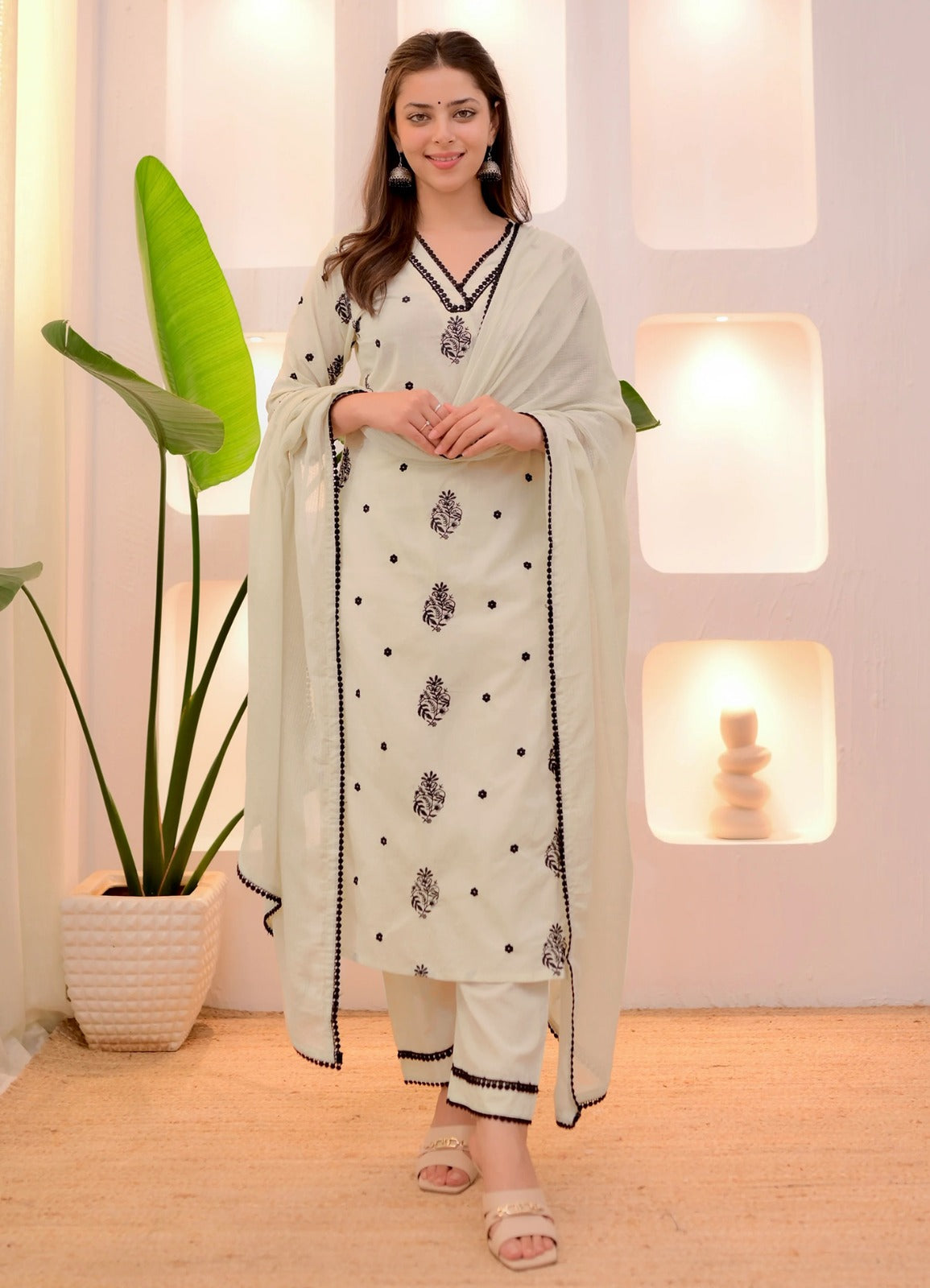 Off White Shaligram Kurta Pant Dupatta Set – Embroidered Tesla Fabric with Vichitra Dupatta | House of ShiVisha™ | SKU: Off W
