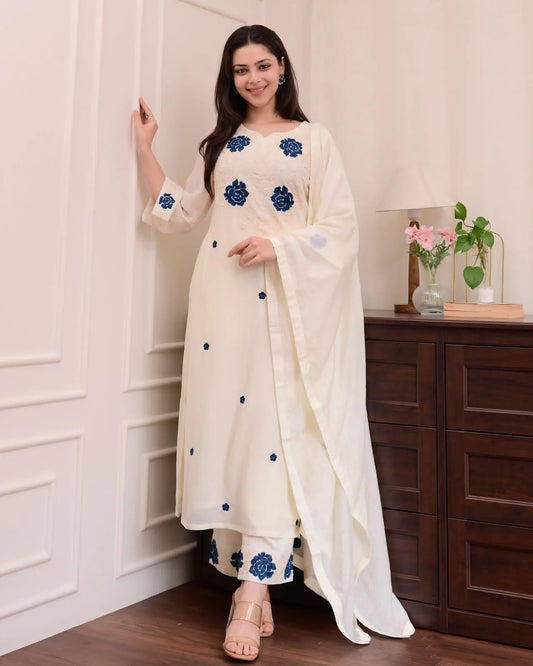 Off White Titanic Kurta Pant Dupatta Set – Embroidered Tesla Fabric with Vichitra Dupatta | House of ShiVisha™ | SKU: Off White Titanic Suit