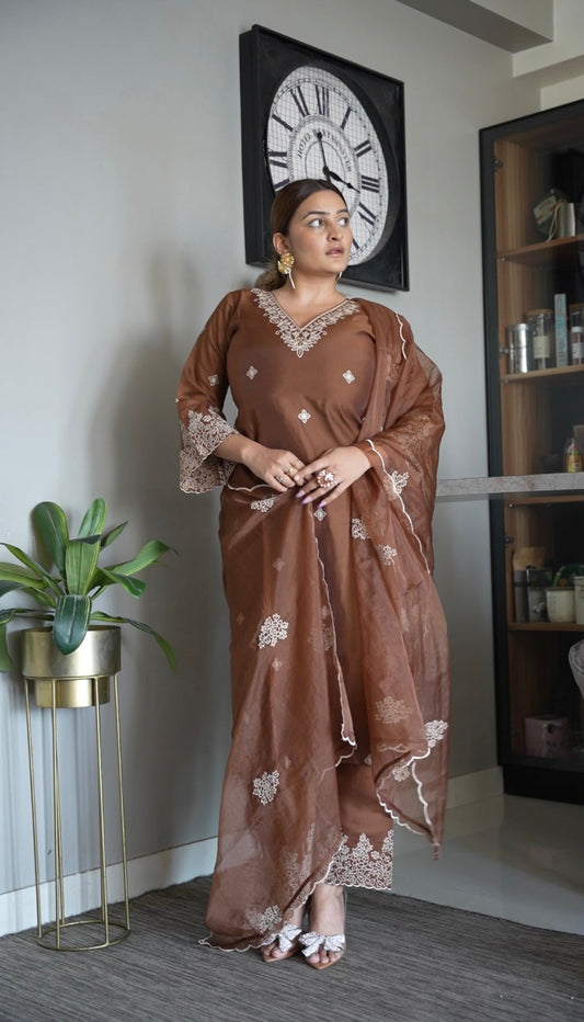 Paheli Brown Vichitra Silk Kurta Pant Dupatta Set – Embroidered Design with Tabby Silk Dupatta | House of ShiVisha™ | Graceful Classics Edition