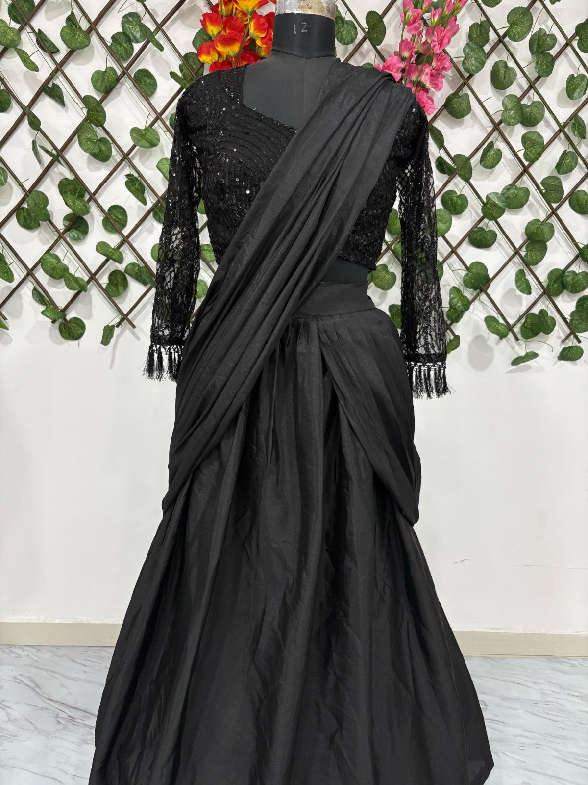 Premium Crape Silk Lehenga Saree – Embroidered Net Blouse with Attached Dupatta | House of ShiVisha™ | Code: HOS-LS1046 - Ima