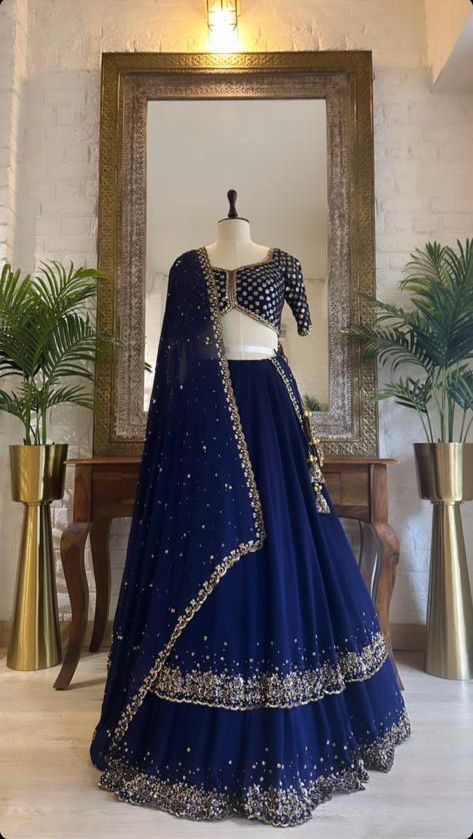 Premium Georgette Double Ruffle Layer Lehenga – Embroidery, Sequins & Zari Work | House of ShiVisha™ | Code: HOS-LH722 - Imag