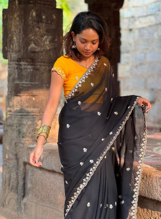 Premium Georgette Saree – Beaded & Embroidered Work with Matching Blouse Piece | House of ShiVisha™ | Code: HOS-SR003-KOTHARINX4