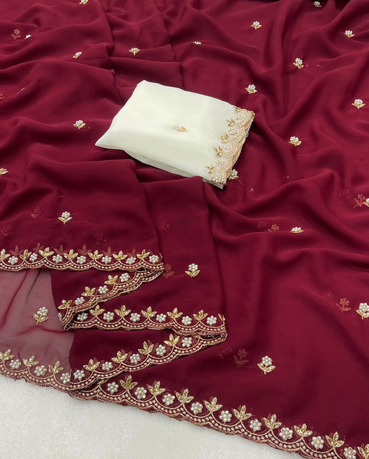 Premium Georgette Saree – Beaded & Embroidered Work with Matching Blouse Piece | House of ShiVisha™ | Code: HOS-SR003-KOTHARINX4