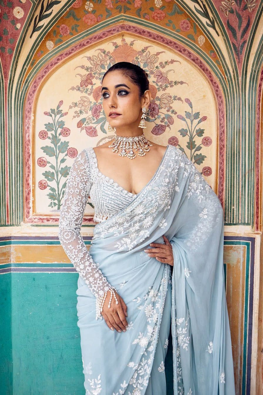 Premium Georgette Saree – Thread Embroidery & Sequins Work with Matching Blouse | House of ShiVisha™ | Code: ASN-86 - Image 1