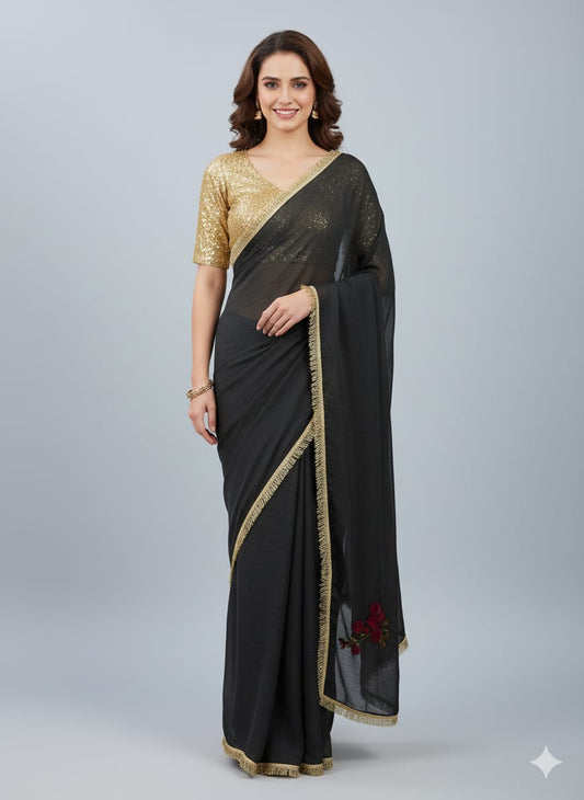 Premium Gold Crush Saree – Designer Lace & Heavy Sequins Work with Unstitched Blouse | House of ShiVisha™ | Code: ASN-89