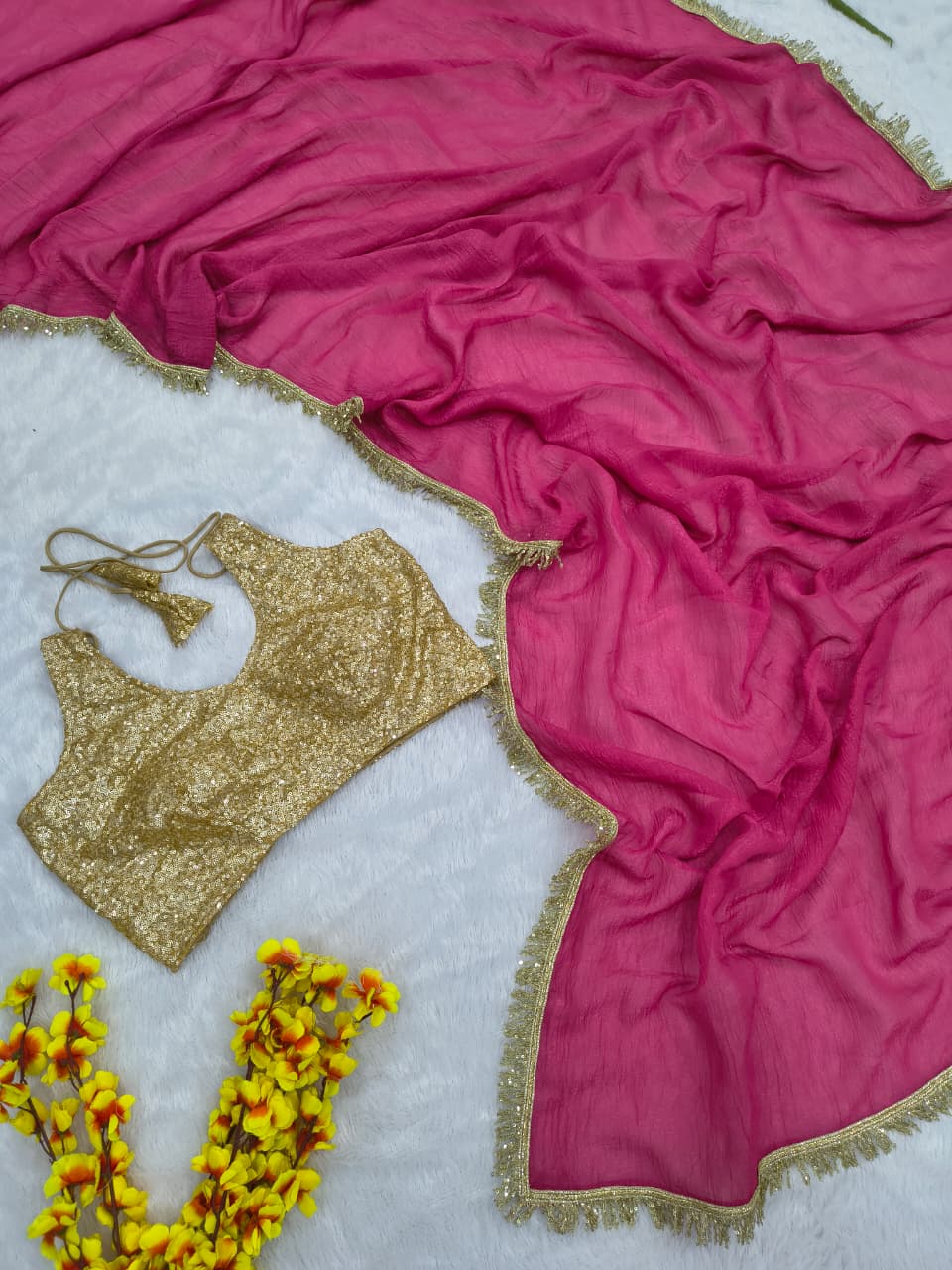 Premium Gold Crush Saree – Designer Lace & Heavy Sequins Work with Unstitched Blouse | House of ShiVisha™ | Code: ASN-89