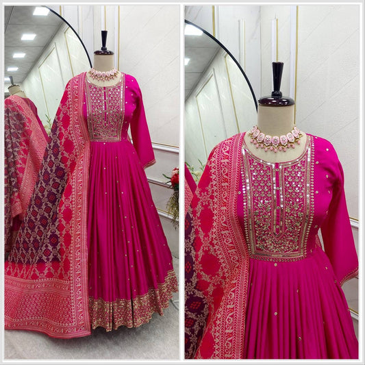 Pure Chinon Silk Gown Pant Dupatta Set – Heavy Sequin Embroidery with Digital Print Dupatta | House of ShiVisha™ | Ready-to-Wear Luxe Edition