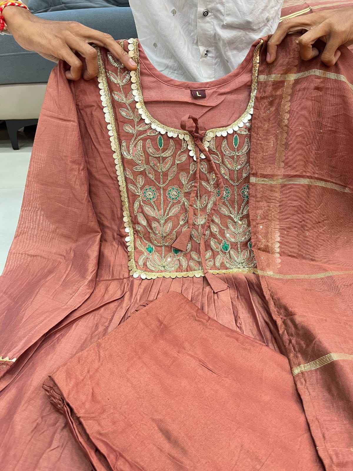 Pure Mul Chanderi A-Line Anarkali Suit Set – Full Embroidery with Banarasi Jacquard Dupatta | House of ShiVisha™AKSHAR