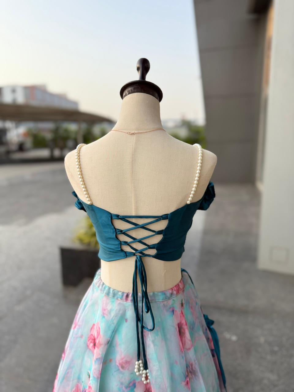 SCNX-1183 Japan Satin & Organza Silk Lehenga Set – Digital Print with Pearl Moti Blouse & 8m Flair | House of ShiVisha™