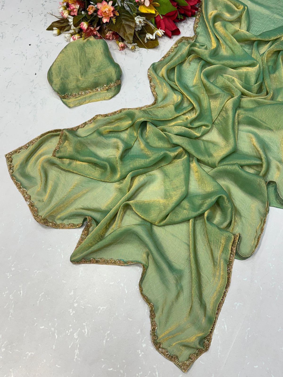 Two-Tone Fandy Chiffon Silk Saree – Heavy Beads Hand Work with Rich Border | House of ShiVisha™ | Code: KK-TRIVA - Image 21