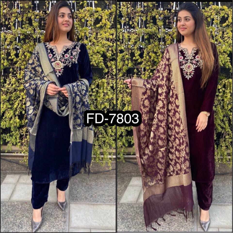 HOS FD-7803 Velvet Suit Set with Embroidered Top & Printed Dupatta - House Of ShiVisha