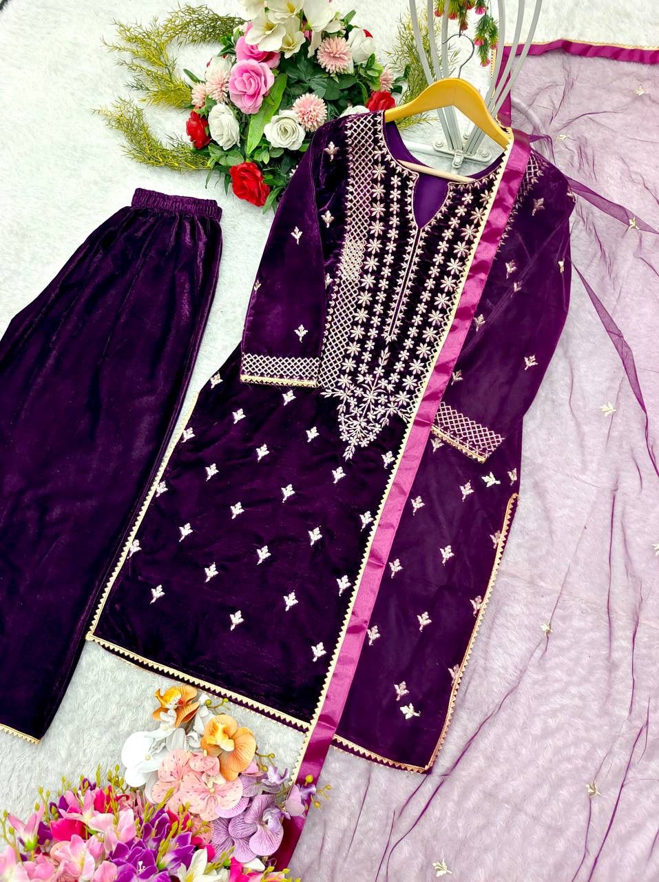 9 Thousand Viscos Velvet With * Embroidery &;Work* With Full Sleeve*With Piping less; suit