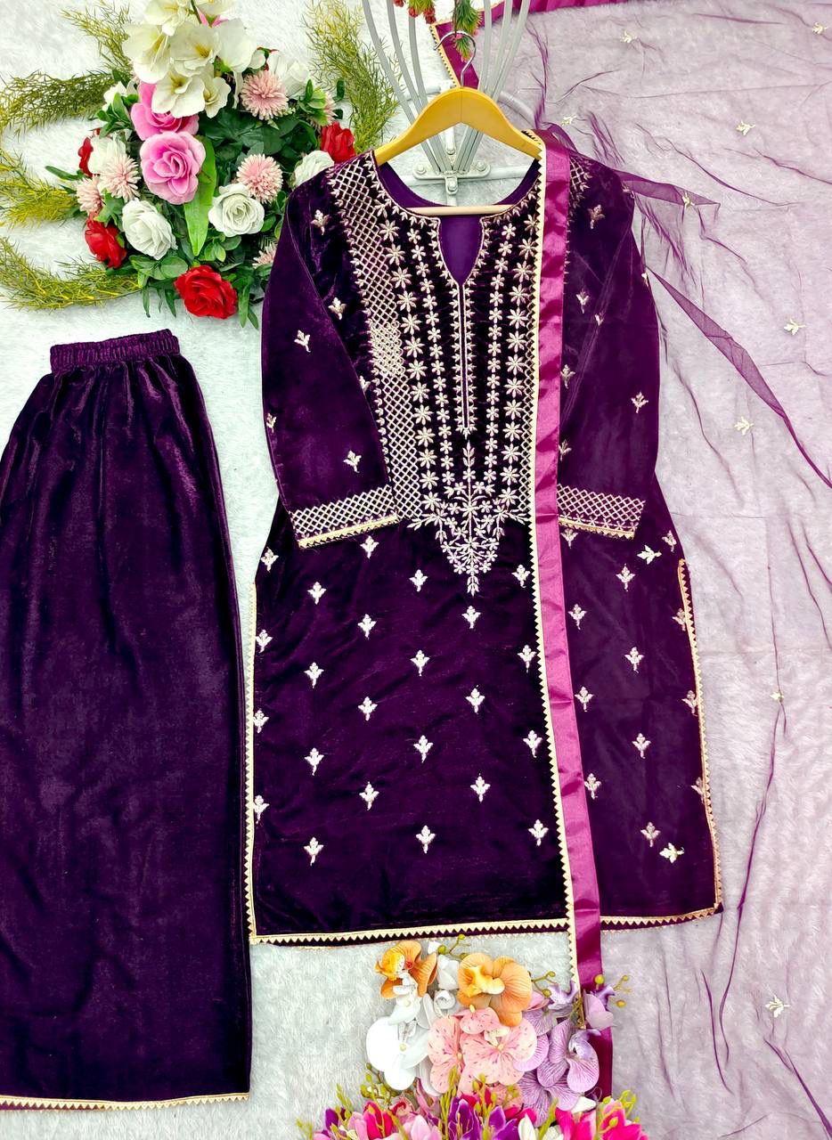 9 Thousand Viscos Velvet With * Embroidery &;Work* With Full Sleeve*With Piping less; suit