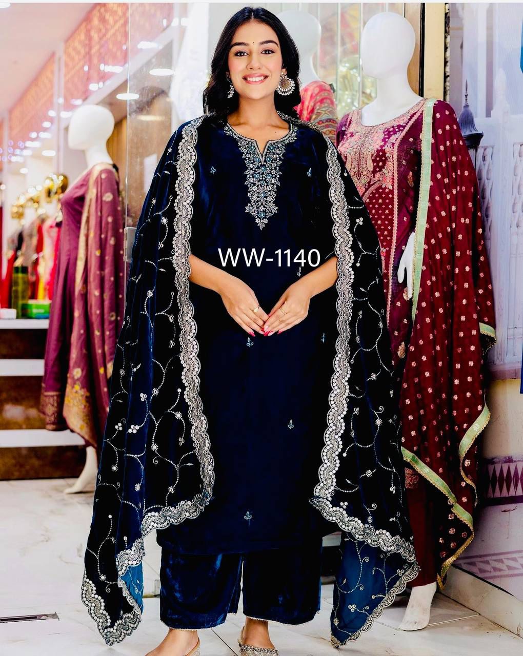 HOS WW-1140 Velvet Embroidered Suit Set β Sequins Work with Dupatta & Ready-to-Wear Stitched Pants