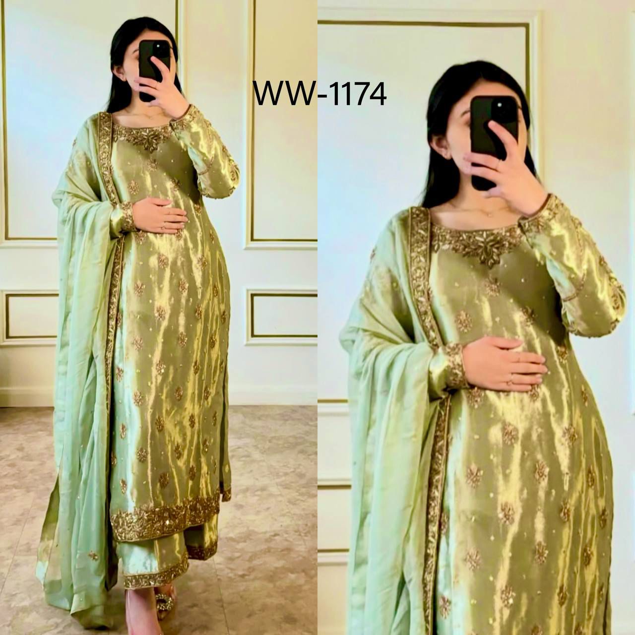 HOS WW-1174 Zimmy-Chu Silk Suit Set – Embroidered Top, Plazzo & Dupatta (Ready to Wear) - House Of ShiVisha