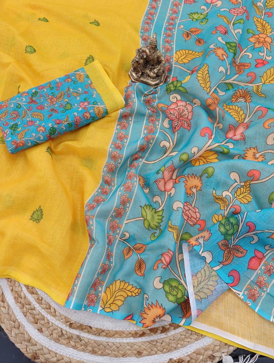 Yellow Kalamkari Linen Cotton Saree – Handloom Digital Print with Latkan & Matching Blouse | House of ShiVisha™ | Ethnic Heritage Edition