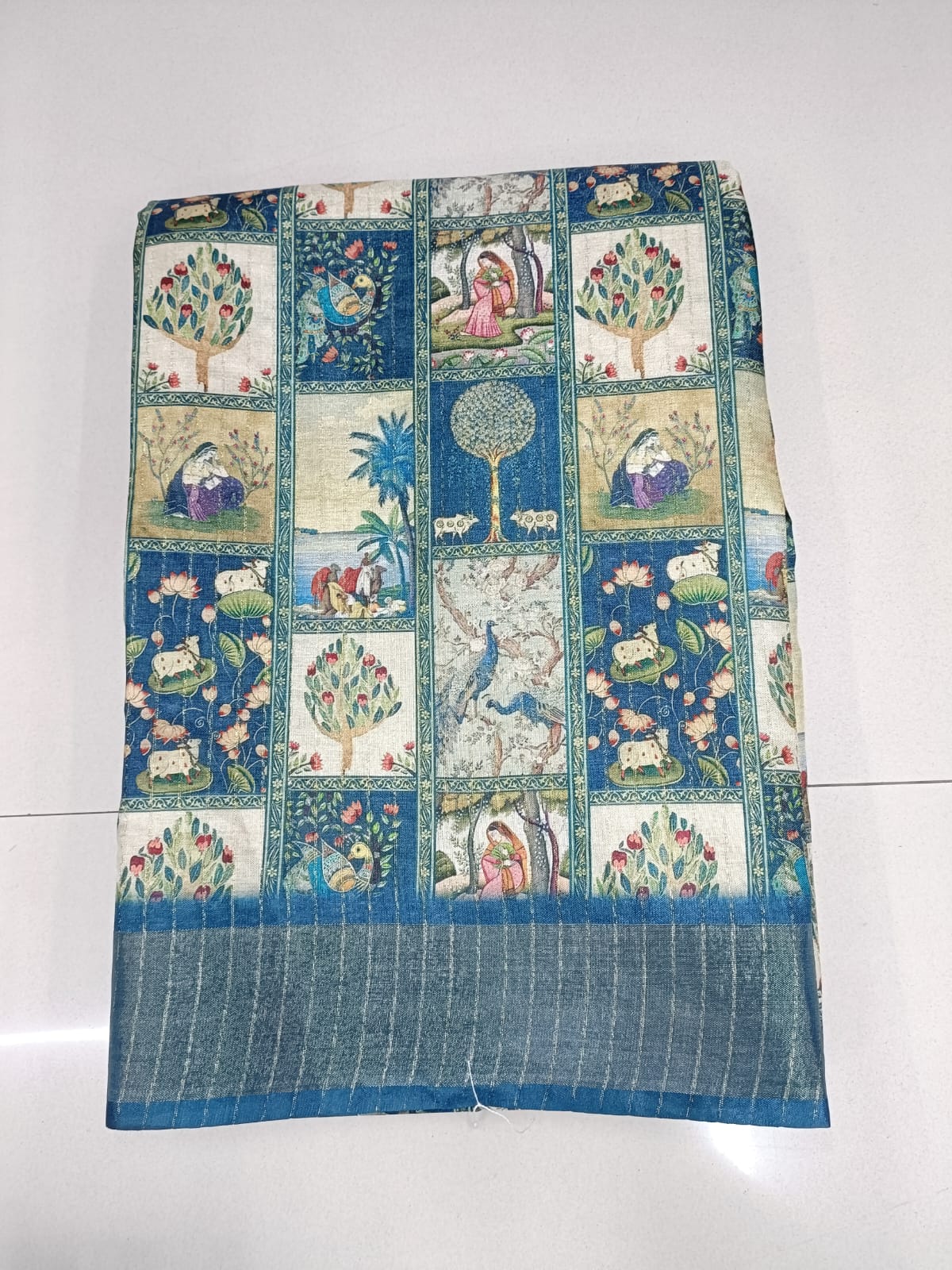 Handloom Recozari Silk Saree – Royal Blue with Saffron Orange accents, Zari Border (Design 209)