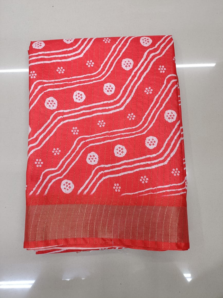 Handloom Recozari Silk Saree – Ruby Red with Rust Orange accents, Silver Zari Border (Design 072)