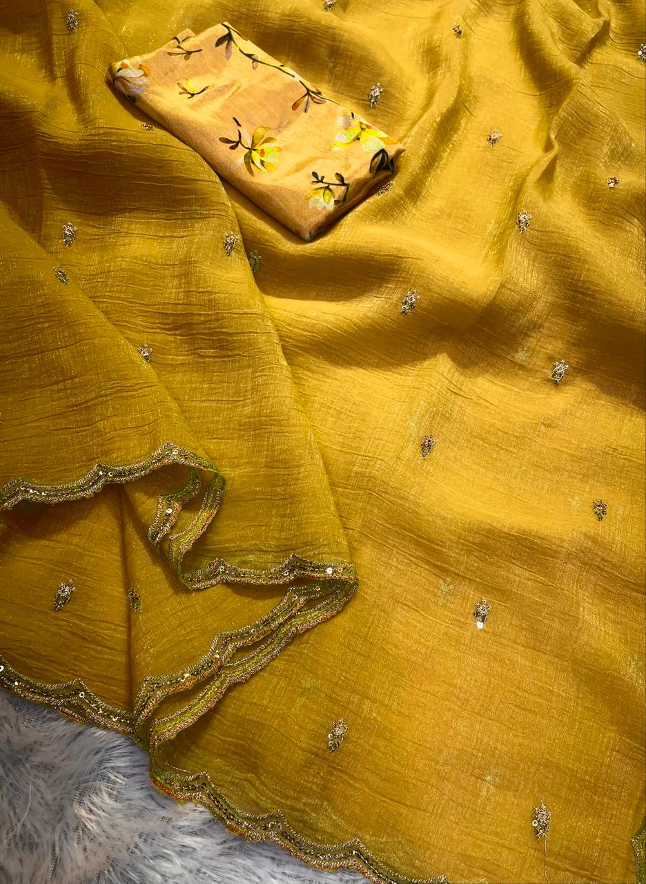 HOS Georgette Crush Saree โ Embroidery Butti with Arka Border & Floral Print Blouse - House Of ShiVisha