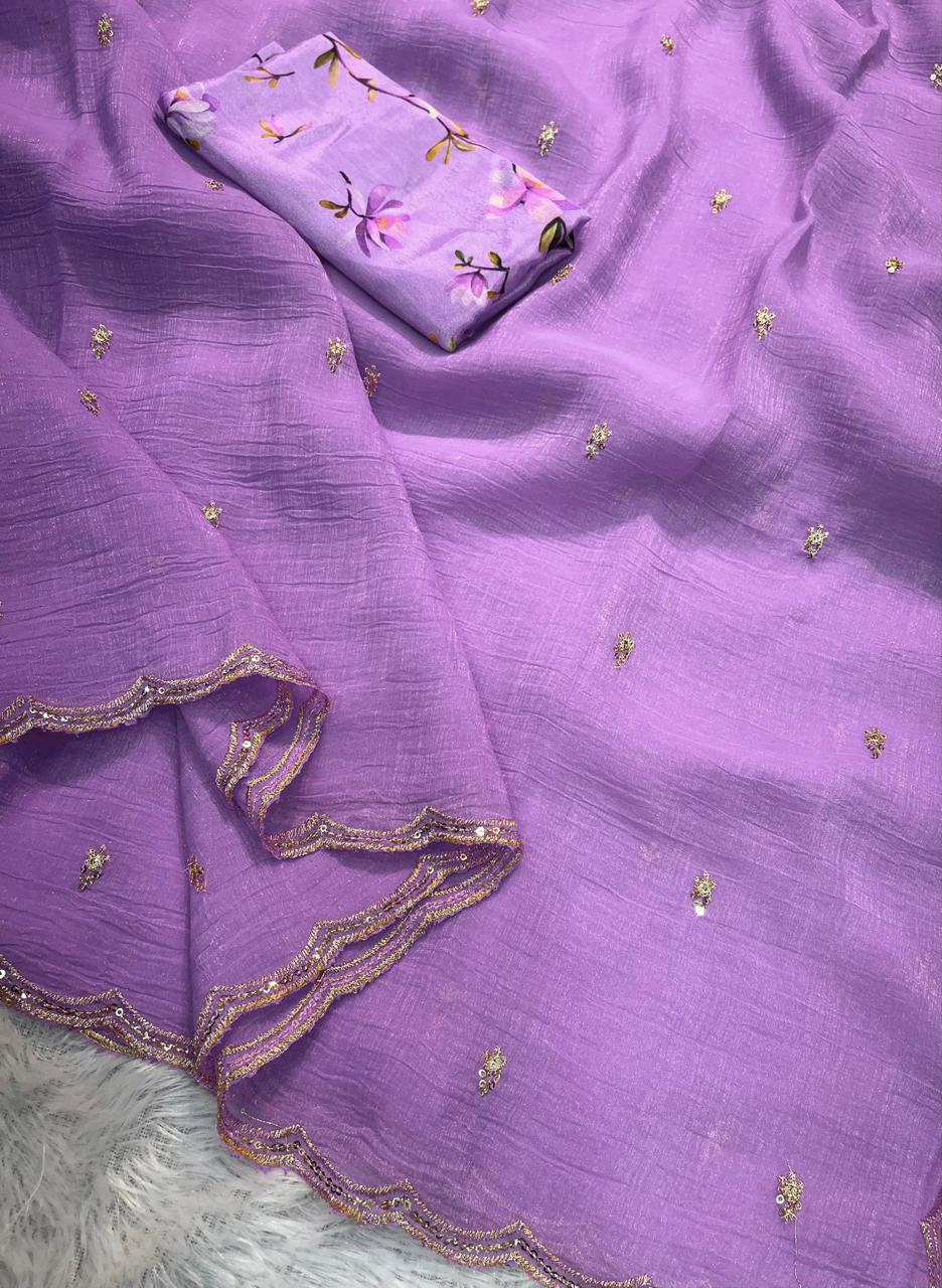 HOS Georgette Crush Saree โ Embroidery Butti with Arka Border & Floral Print Blouse - House Of ShiVisha