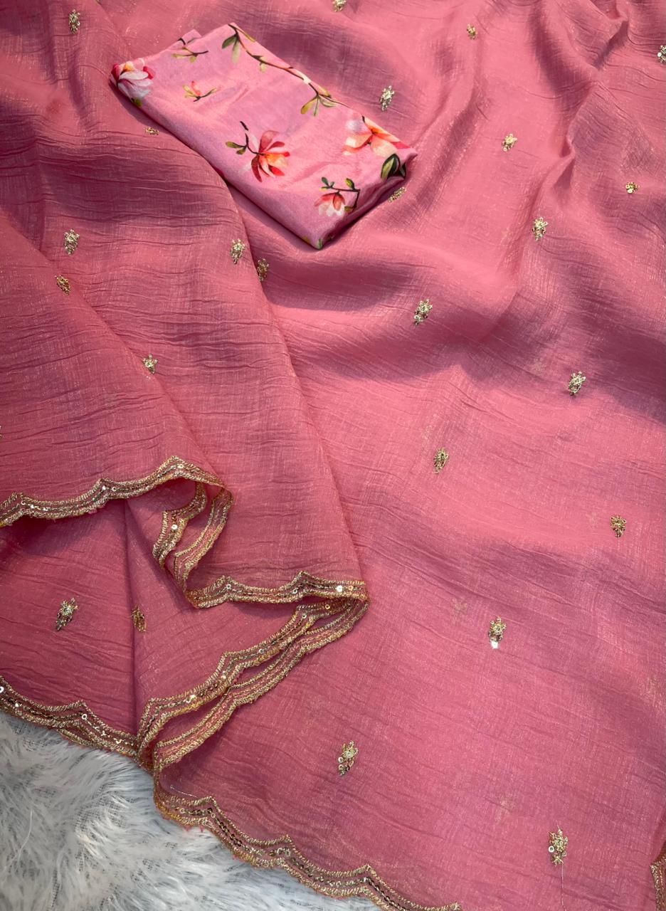 HOS Georgette Crush Saree โ Embroidery Butti with Arka Border & Floral Print Blouse - House Of ShiVisha