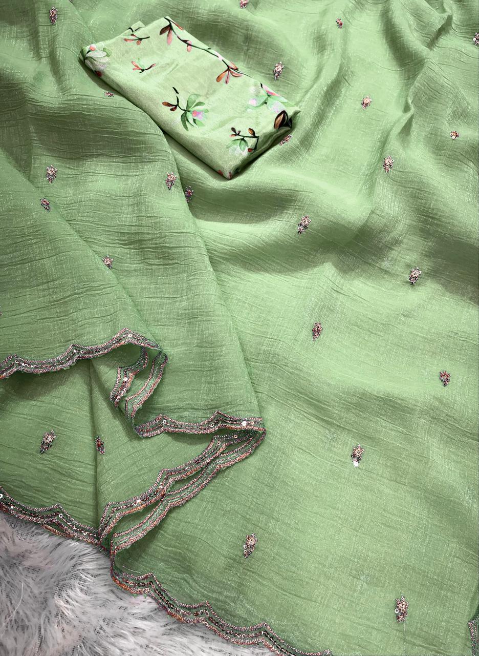 HOS Georgette Crush Saree โ Embroidery Butti with Arka Border & Floral Print Blouse - House Of ShiVisha