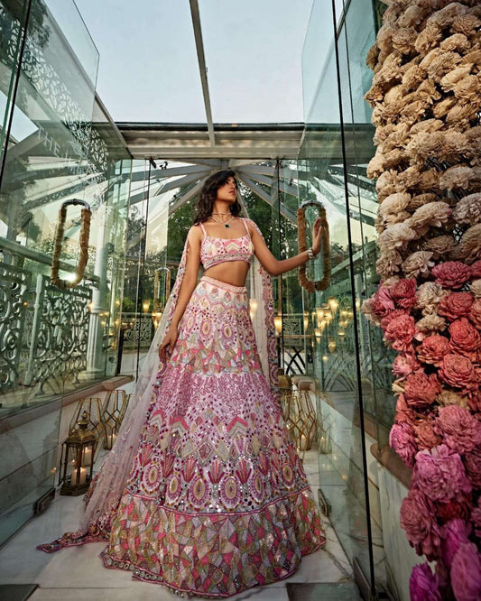 HOS HC-786 Designer Lehenga – Georgette with Multicolor Thread Embroidery, Sequins & Foil Mirror Work - House Of ShiVisha