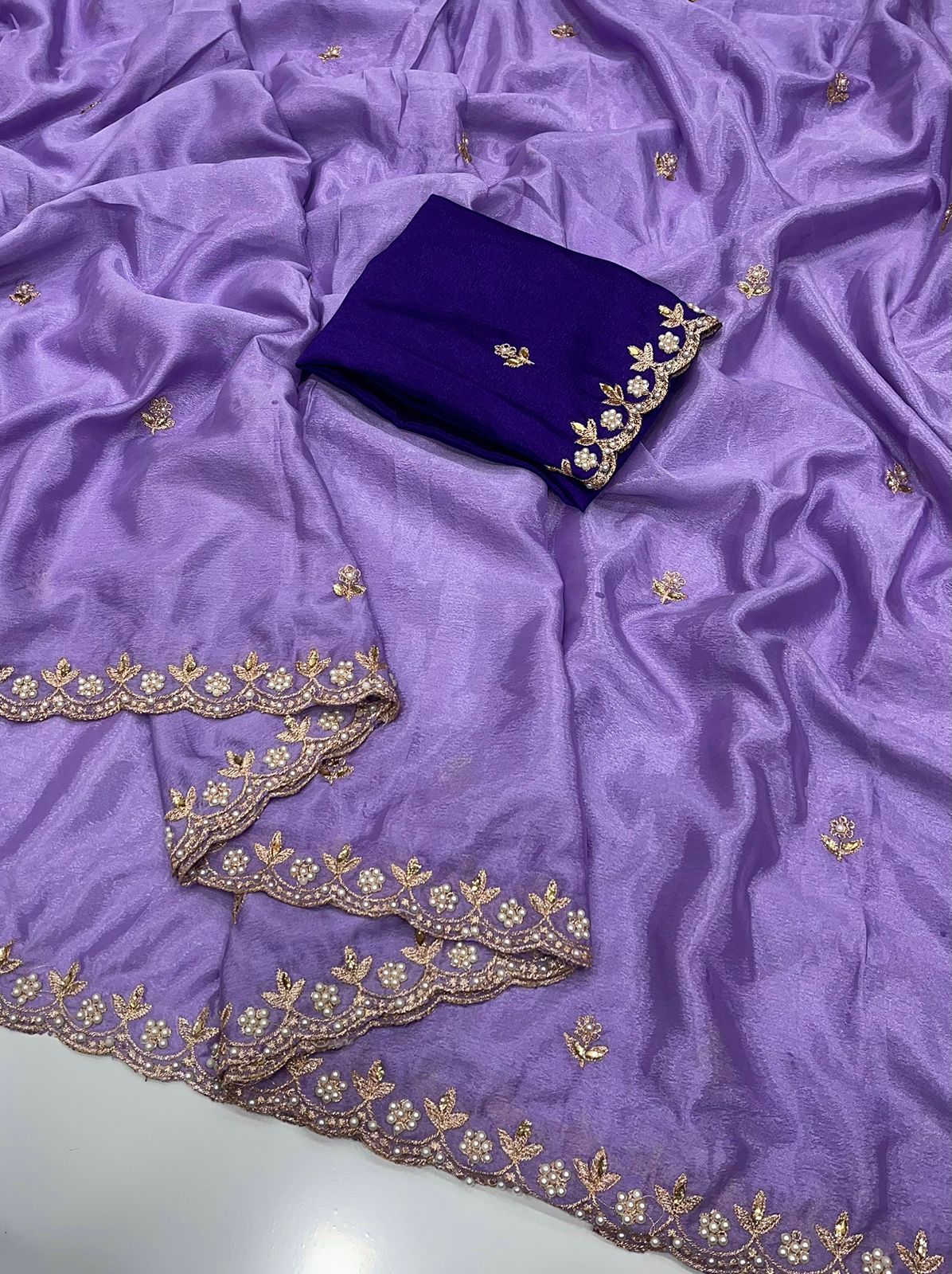 HOS Pure Chinon Saree β All Over Handwork with Rangoli Satin Blouse - House Of ShiVisha