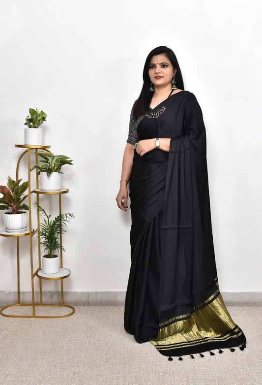 HOS Pure Gaji Silk Saree – Plain Saree with Original Lagdi Patta Pallu & Running Blouse - House Of ShiVisha