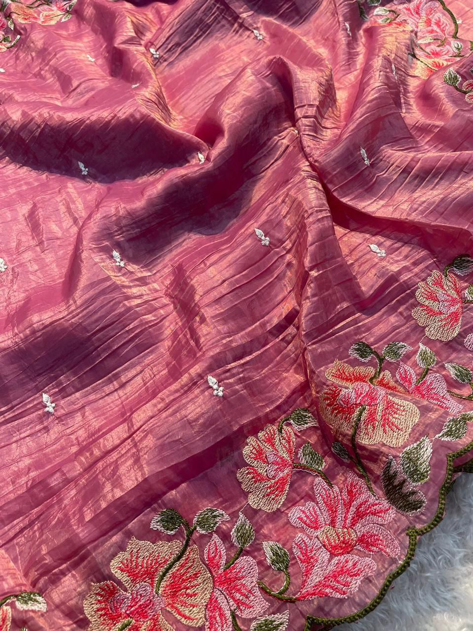 HOS Trendy Tussar Crush Saree β Dual Tone with Thread Embroidery & Scallop Borders - House Of ShiVisha