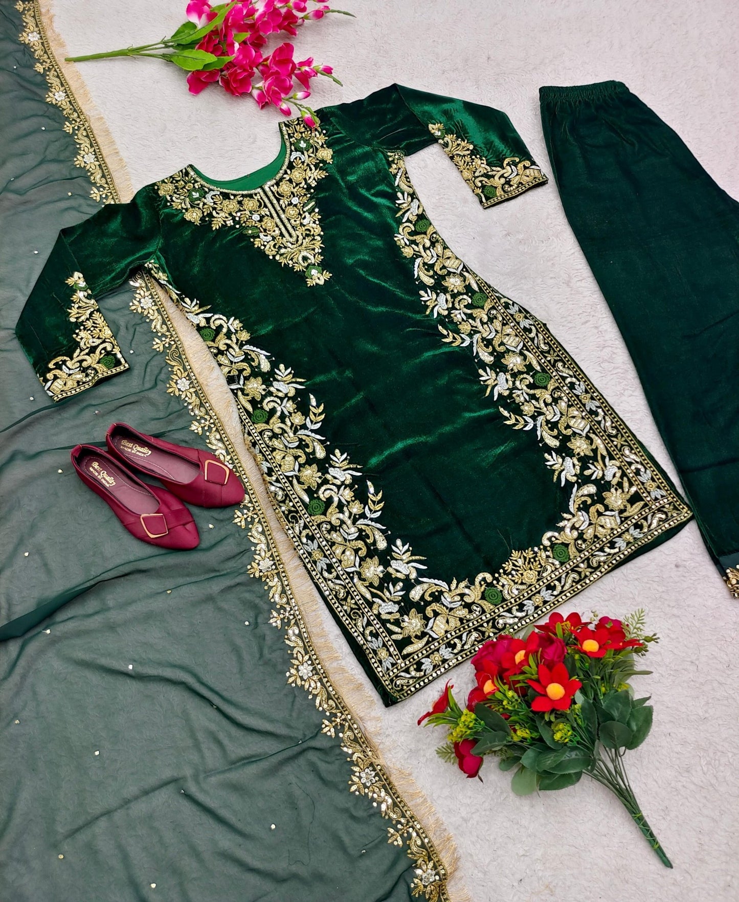 HOS Velvet Embroidered Suit Set β Sequins Work with Georgette Dupatta & Stitched Pants - House Of ShiVisha