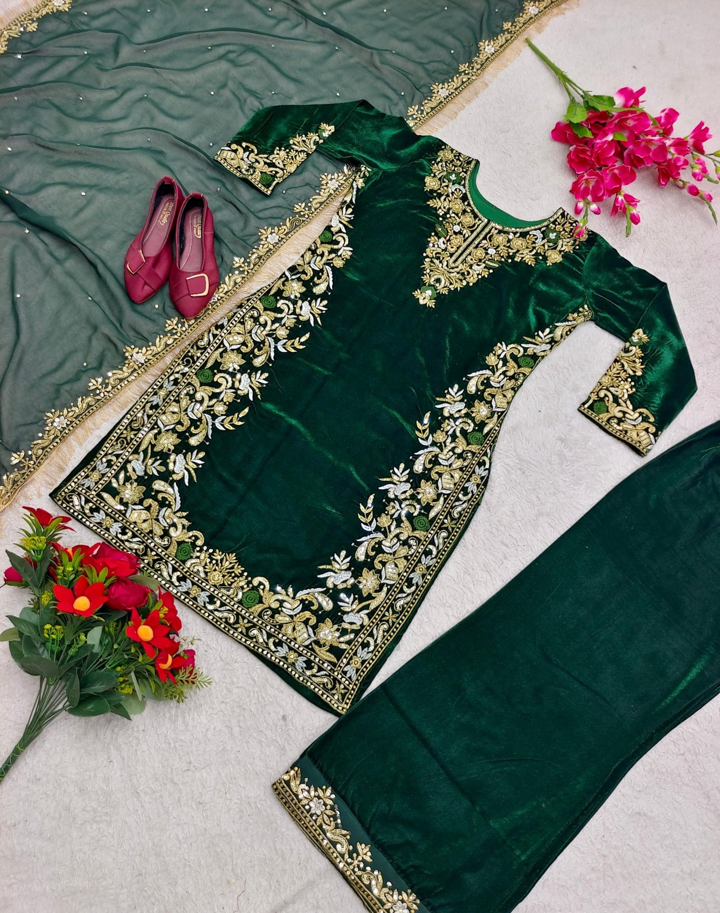 HOS Velvet Embroidered Suit Set β Sequins Work with Georgette Dupatta & Stitched Pants - House Of ShiVisha