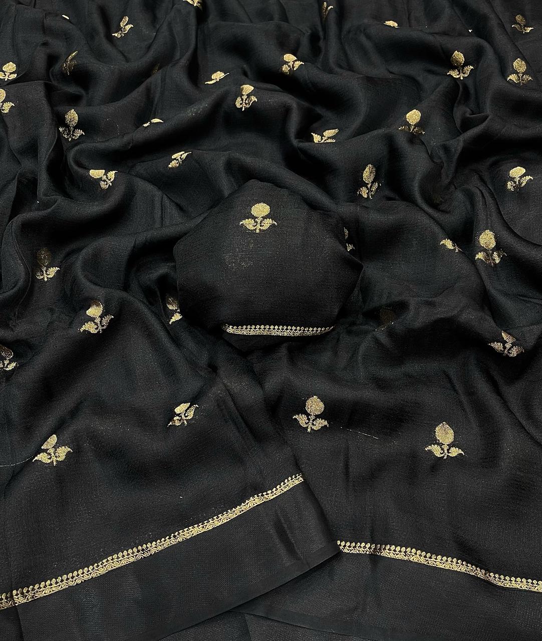 HOS Viscose Khadi Silk Saree β Jacquard Leaf Design with Satin Border & Running Blouse - House Of ShiVisha