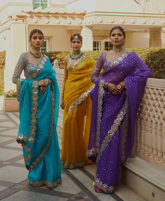 House of ShiVisha Designer Mirror Work Party Wear Saree – YASHVI Catalogue Georgette with Embroidery & Mirror Work - House Of ShiVisha