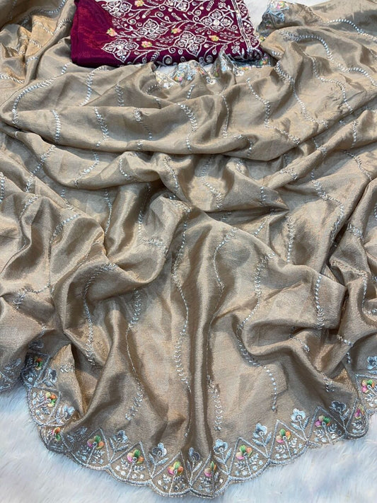 House of ShiVisha Fancy Designer Party Wear Saree – Chinon Silk with Embroidery & Zari Work - House Of ShiVisha