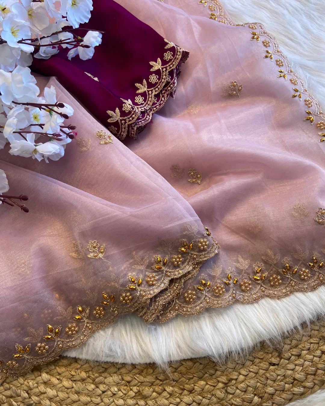 House of ShiVisha Twills Oranga Saree β Pure Soft Fabric with Handwork & Satin Blouse - House Of ShiVisha