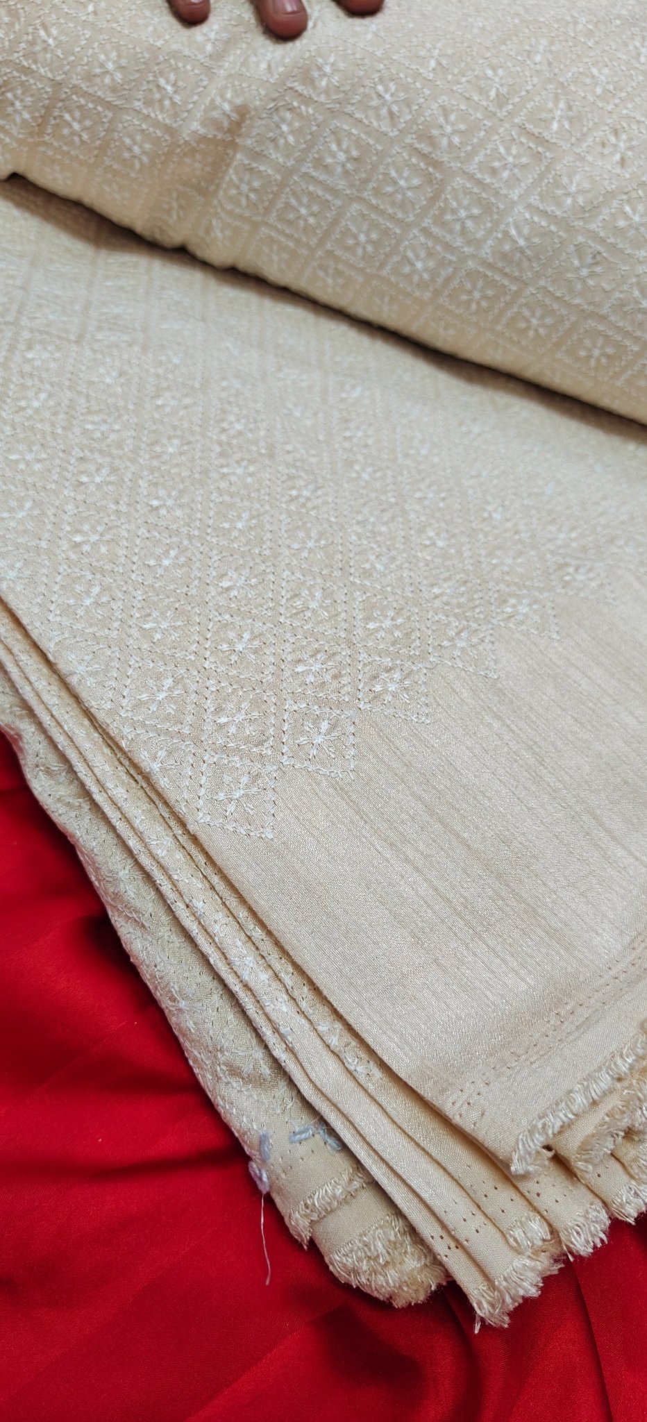 Premium Beige Chikan Embroidery Fabric – Soft Handloom Cotton Blend (10 Meter Set) - House Of ShiVishabeige fabricChikan fabricchikankari