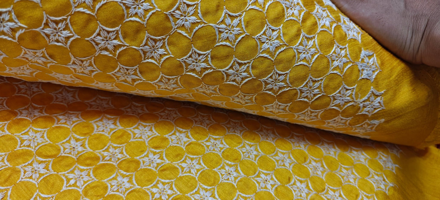 Yellow Chikankari Embroidered Cotton Fabric – Premium Kurta Material (10 Meter Set) - House Of ShiVishaChikankari FabricEmbroidered FabricEthnic Wear Fabric