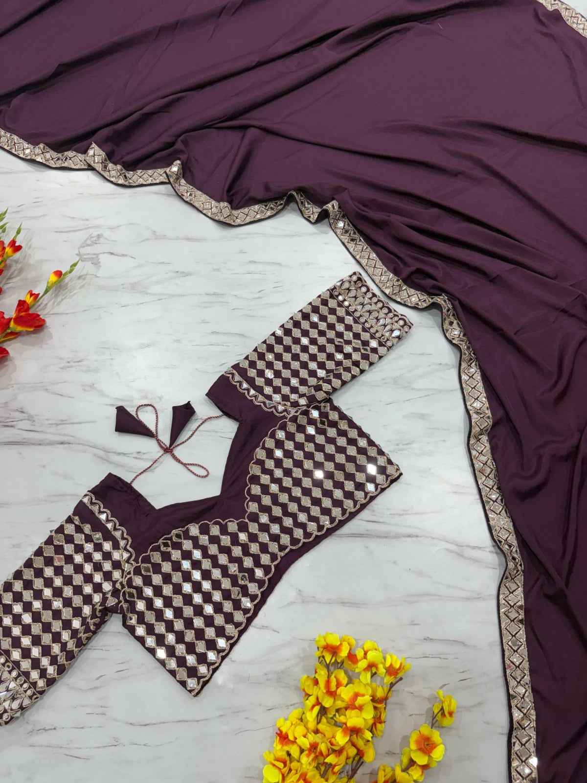 ASN-71 French Crape Silk Saree – Heavy Real Mirror Work Border with Matching Mirror Work Blouse | House of ShiVisha™