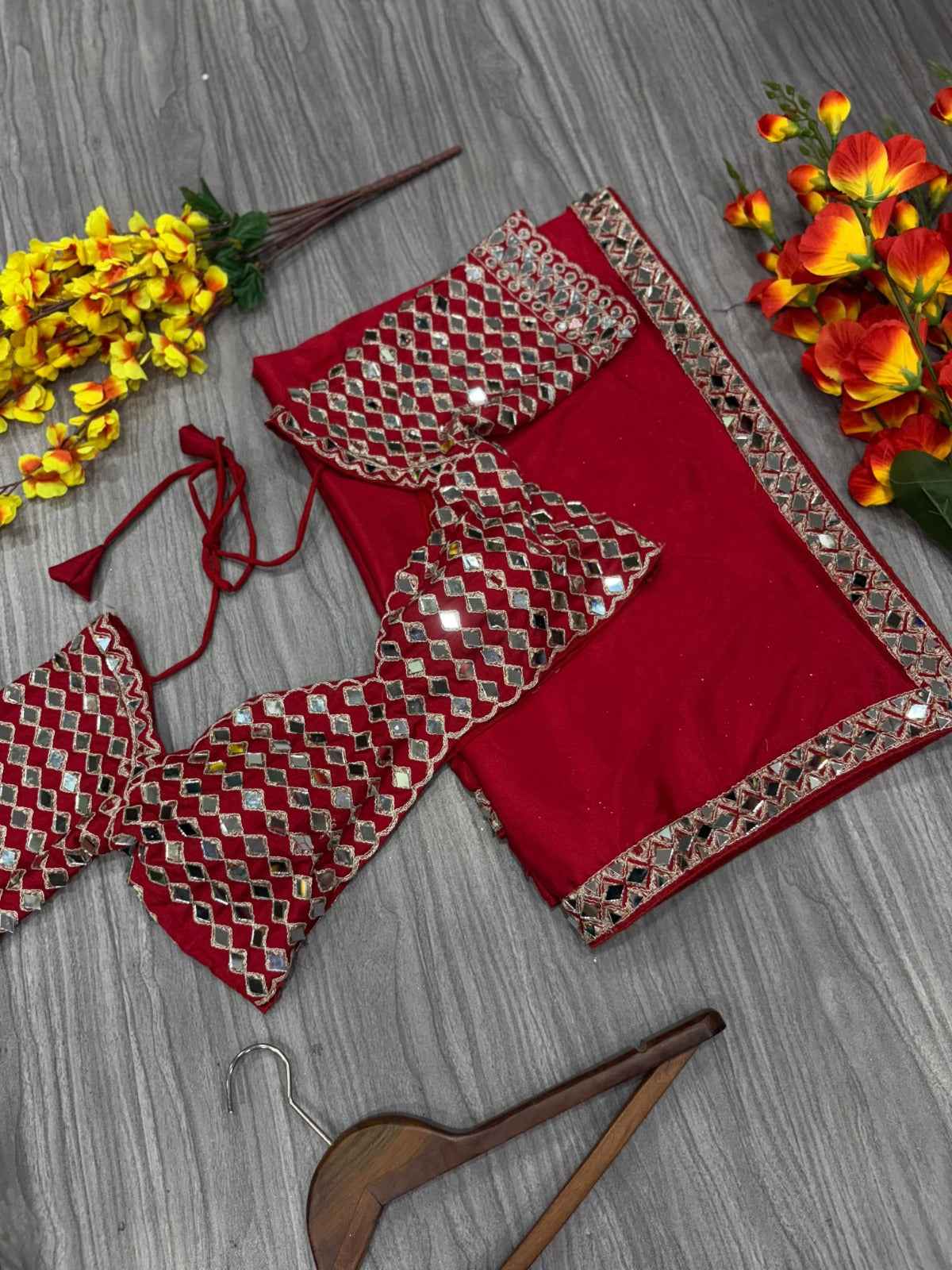 ASN-71 French Crape Silk Saree – Heavy Real Mirror Work Border with Matching Mirror Work Blouse | House of ShiVisha™